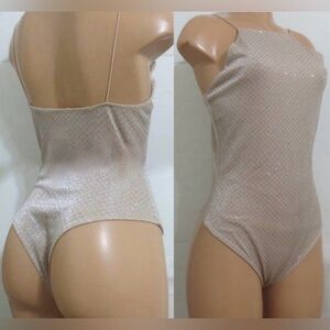 Olive Tree Blush Pink Shimmery Metallic Silver High Neck Halter Bodysuit. Size S
